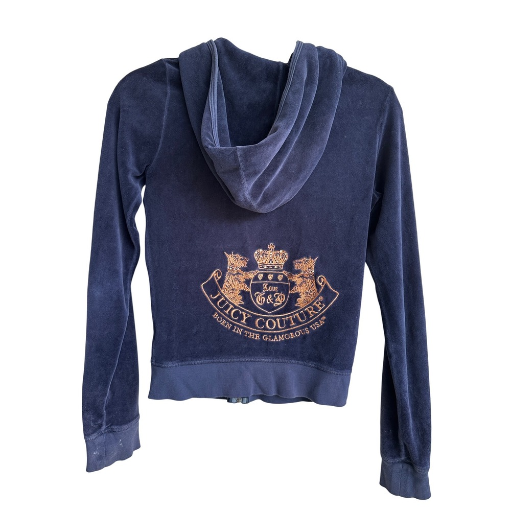 Juicy Couture Vtg Y2K Navy Blue Velour Scottie Dog Crest Zip Up Hoodie XS